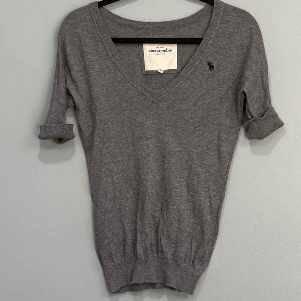 VTG Y2K Abercrombie & Fitch Womens Grey Cotton V-Neck Short Sleeve Sweater M